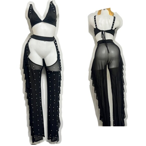 Sexy Black Sheer Mesh Pearl Embellished Two-Piece Set Ruffle Chaps Women Size XL - Picture 2 of 16